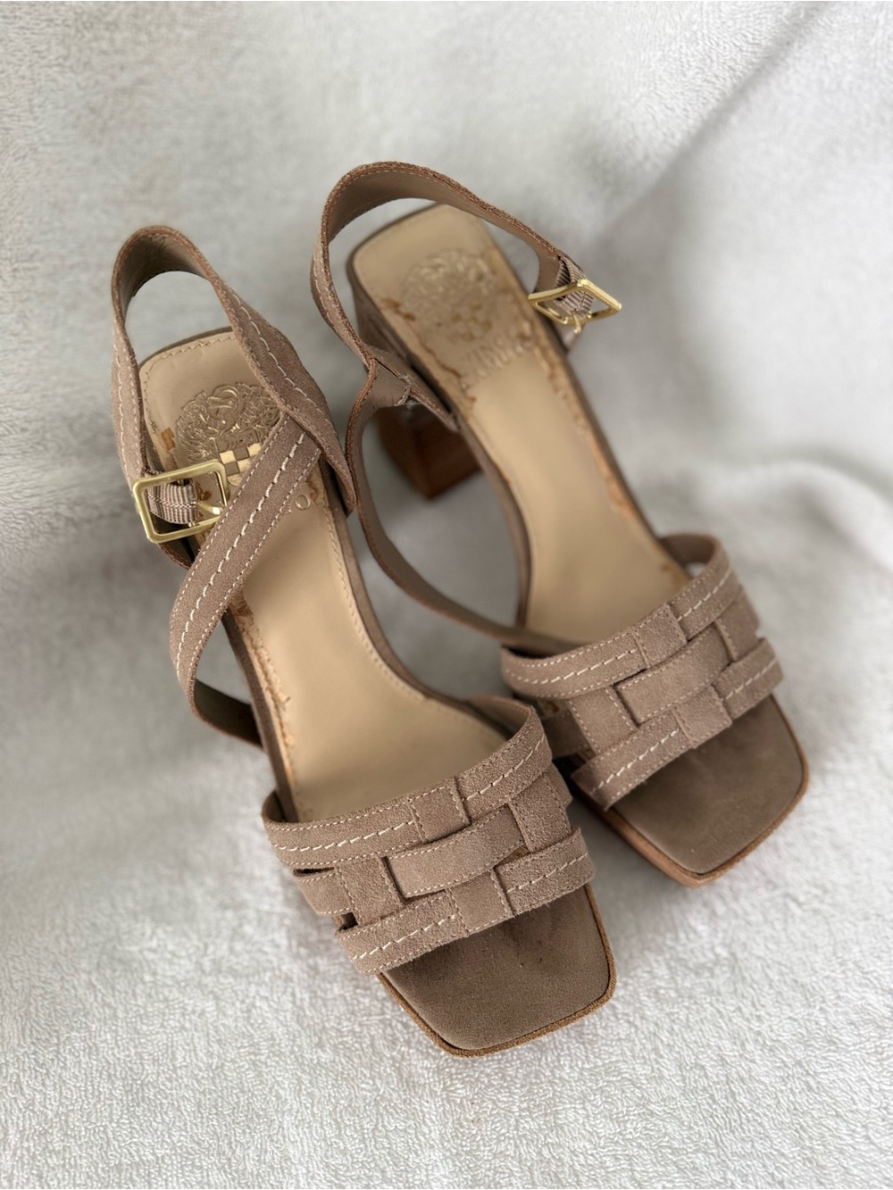 Vince Camuto Taupe Suede Woven Block Heel Sandals